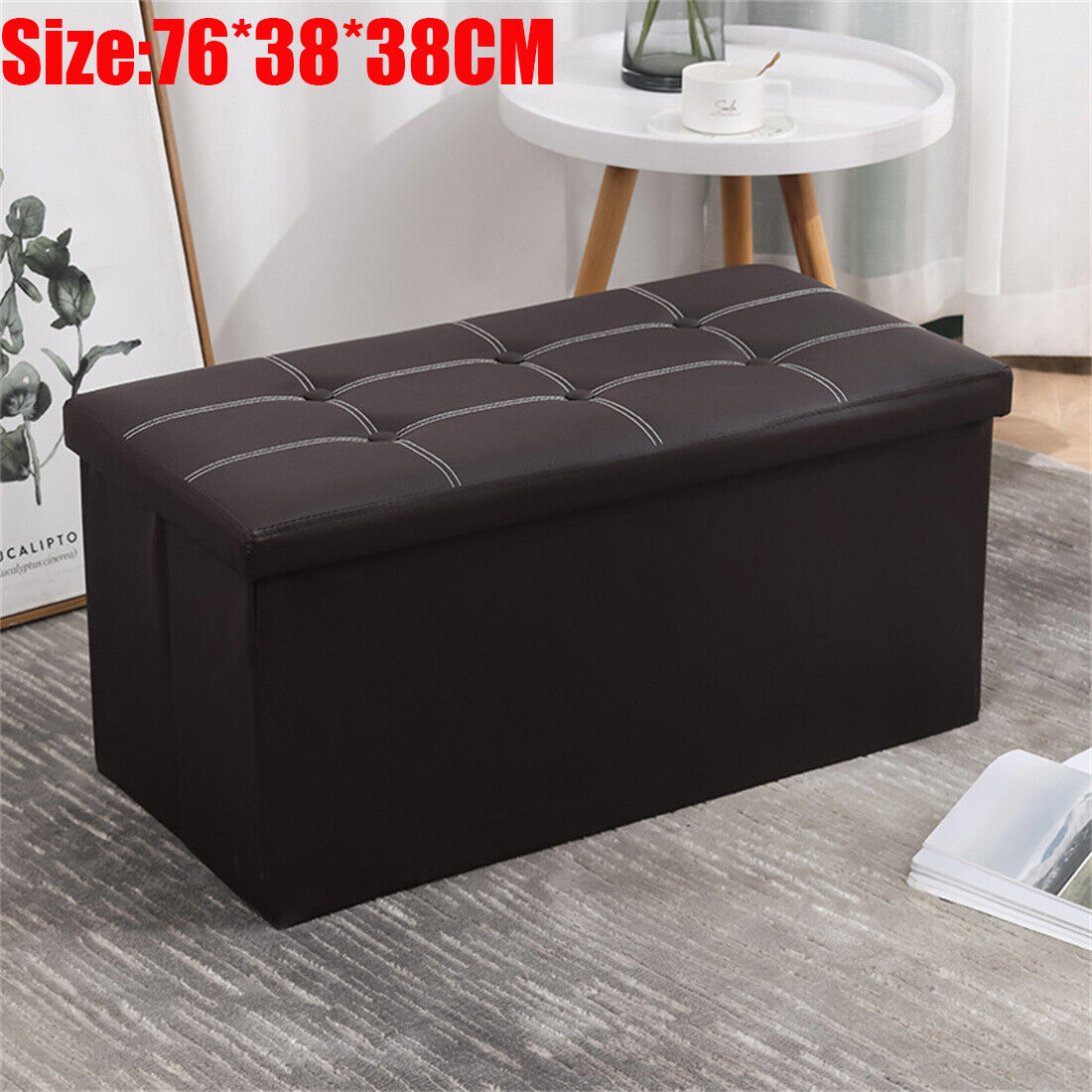 Large Folding Storage Ottoman Bench, 110L – Padded Faux Leather Pouffe, Toy and Blanket Chest, Black