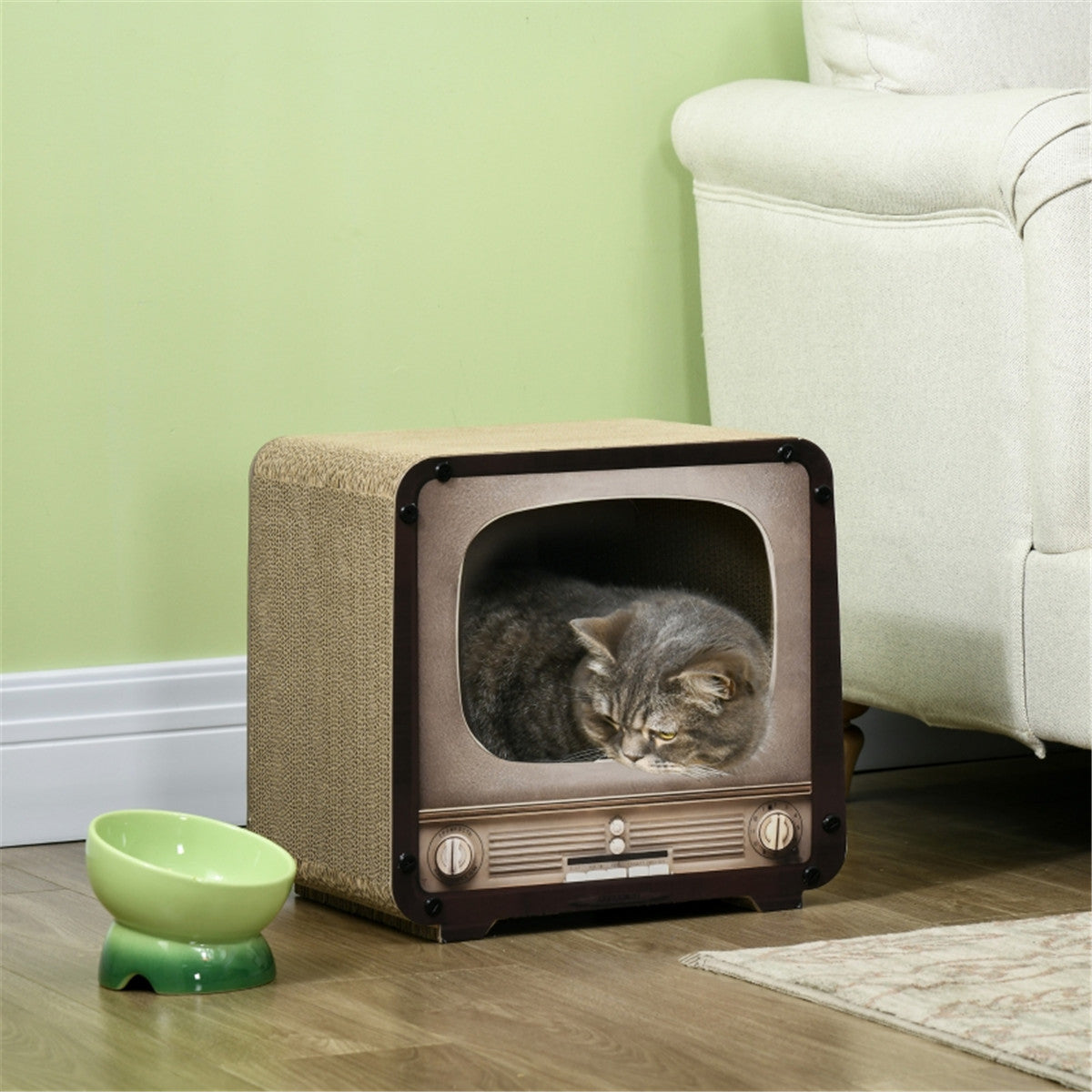 Cat Scratching House with Catnip – Vintage TV-Shaped Corrugated Cardboard Cat Scratcher and Cosy Den, Brown