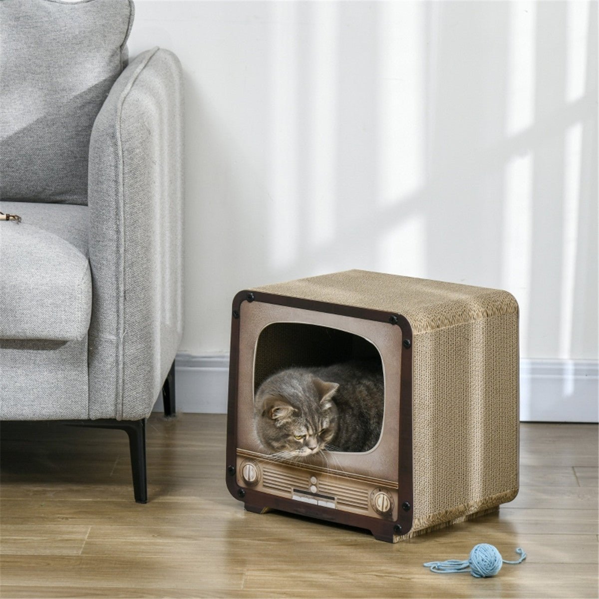 Cat Scratching House with Catnip – Vintage TV-Shaped Corrugated Cardboard Cat Scratcher and Cosy Den, Brown