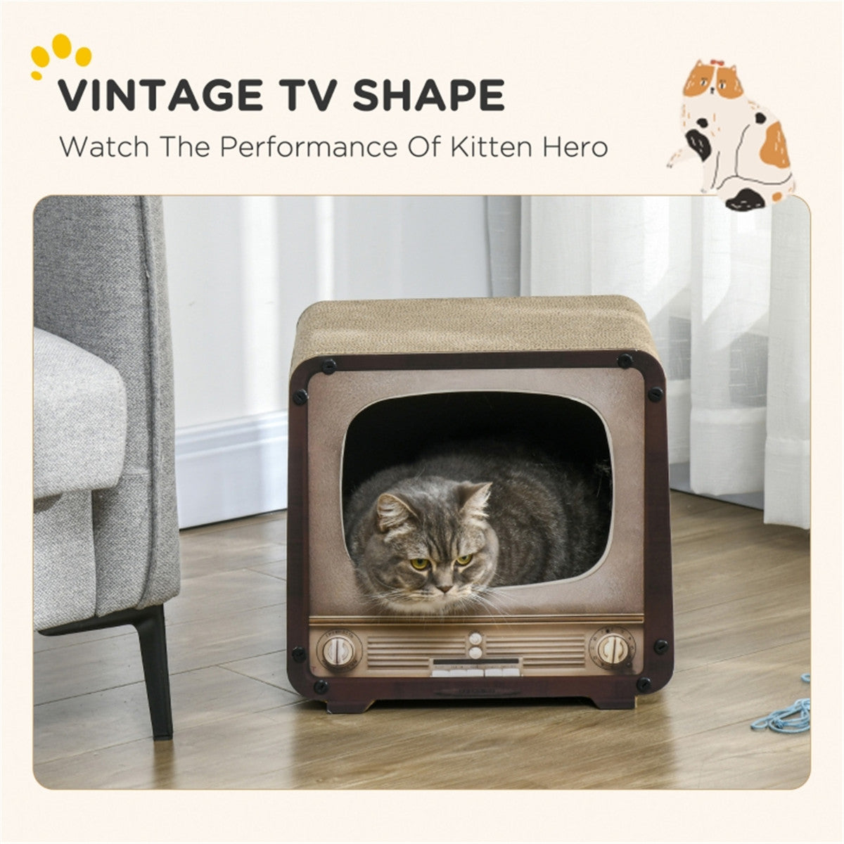 Cat Scratching House with Catnip – Vintage TV-Shaped Corrugated Cardboard Cat Scratcher and Cosy Den, Brown
