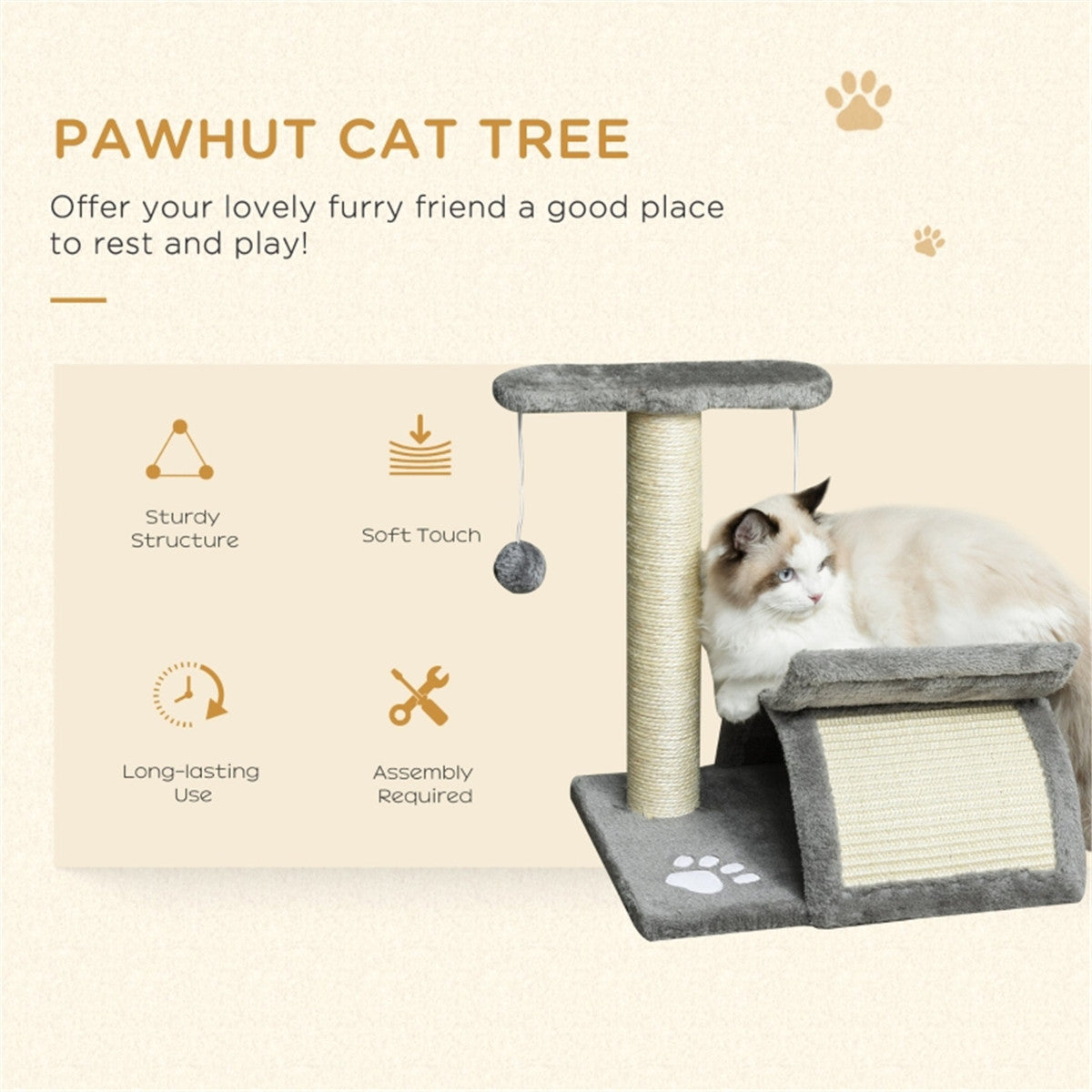 PawHut Cat Tree with Scratching Bridge, Half Round Tunnel & Rotatable Pole – Light Grey