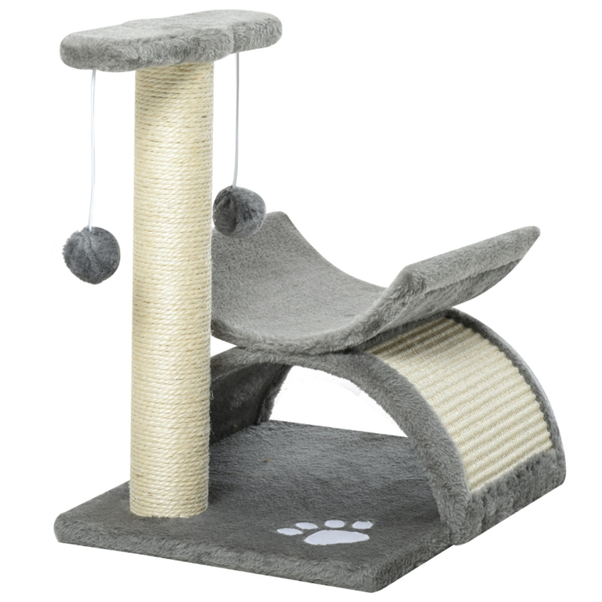 PawHut Cat Tree with Scratching Bridge, Half Round Tunnel & Rotatable Pole – Light Grey