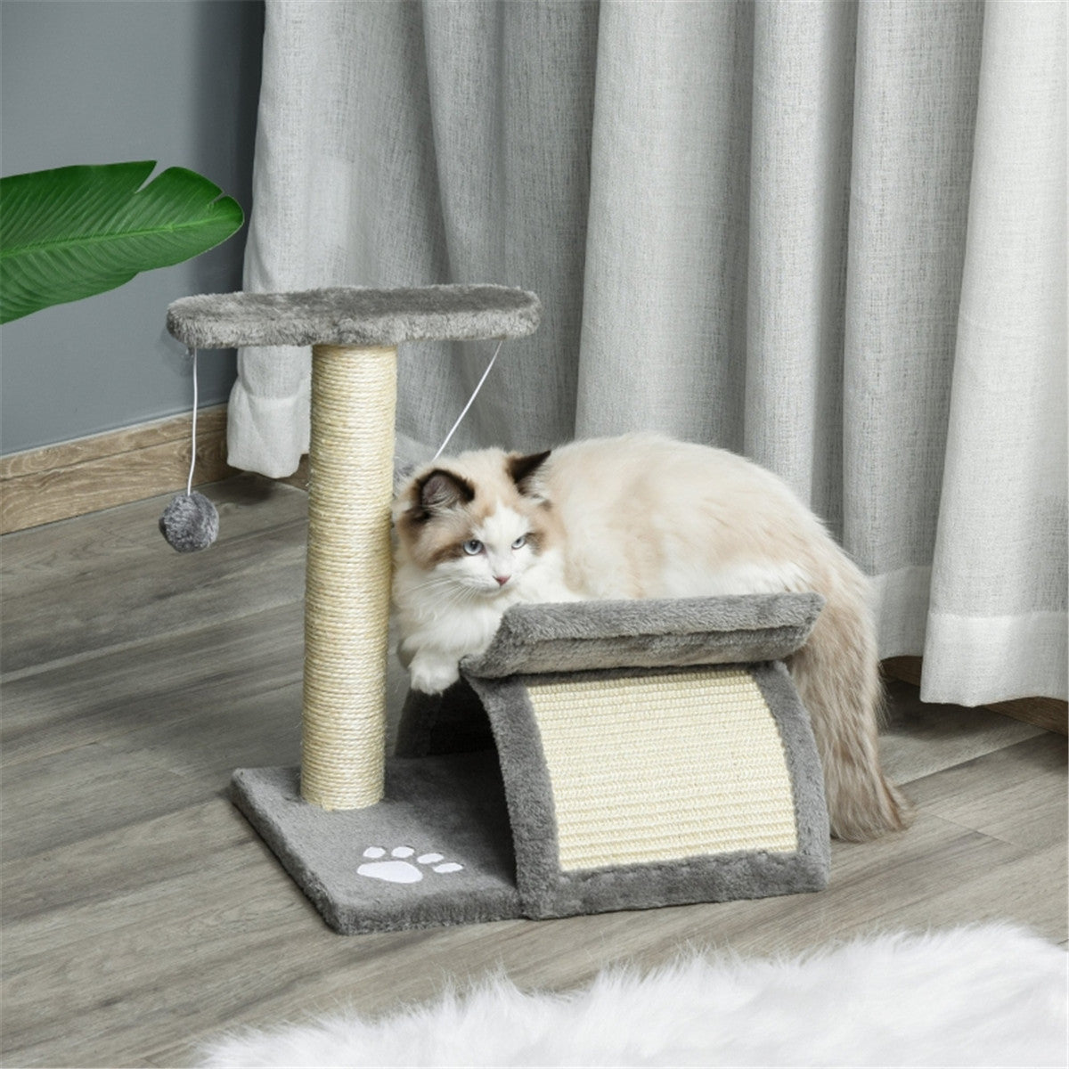 PawHut Cat Tree with Scratching Bridge, Half Round Tunnel & Rotatable Pole – Light Grey