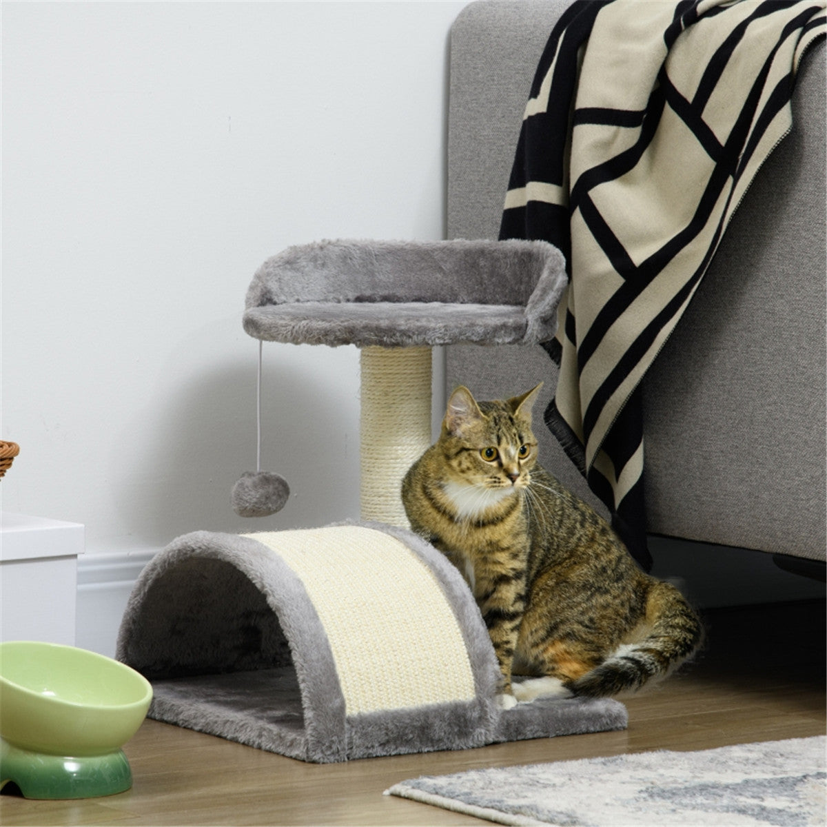Compact Cat Tree with Sisal Scratching Posts & Hanging Toy Ball – Lightweight Cat Scratcher, Beige and Grey