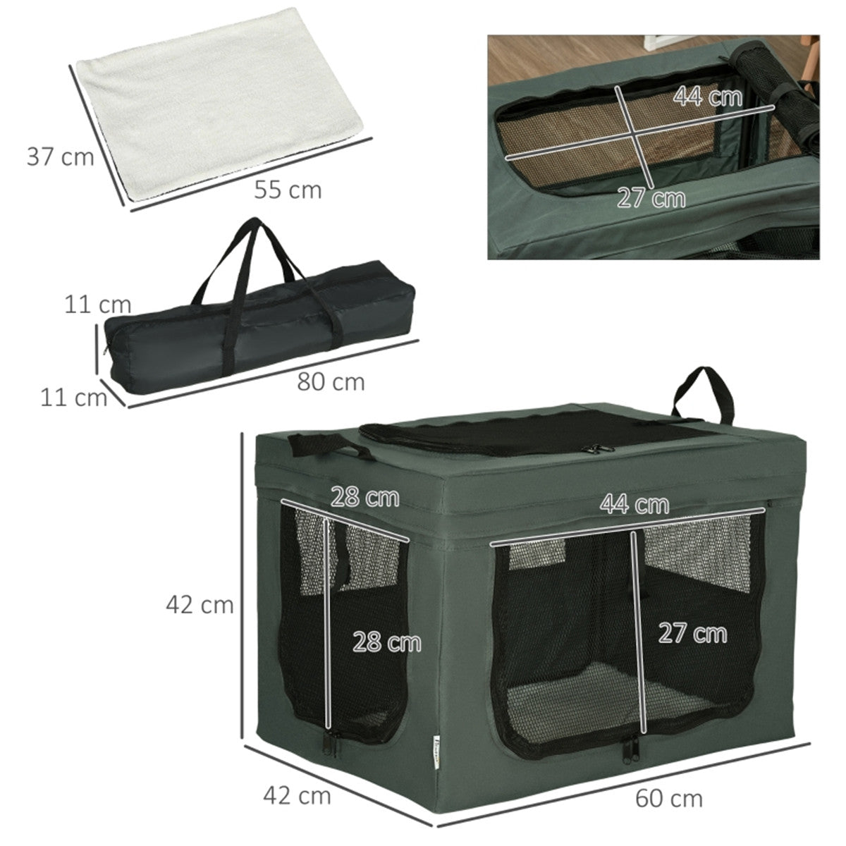 Portable Pet Carrier Bag with Removable Cushion, 3 Doors & Mesh Window – Miniature Dogs, Grey
