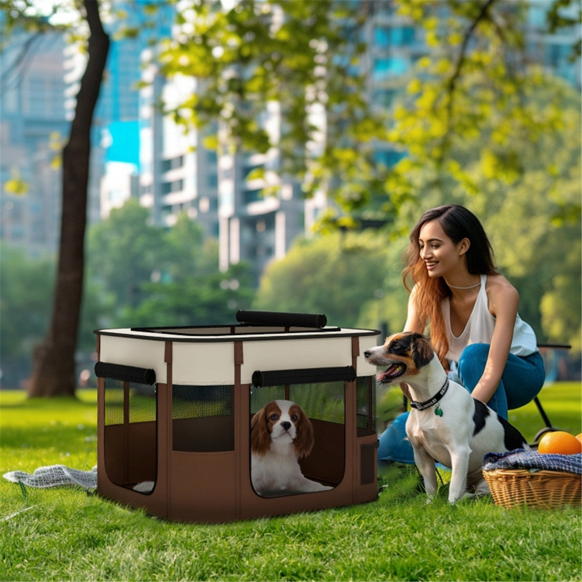 Foldable Pet Playpen with Mesh Windows & Doors for Small Animals – Indoor and Outdoor Use, Brown and Cream
