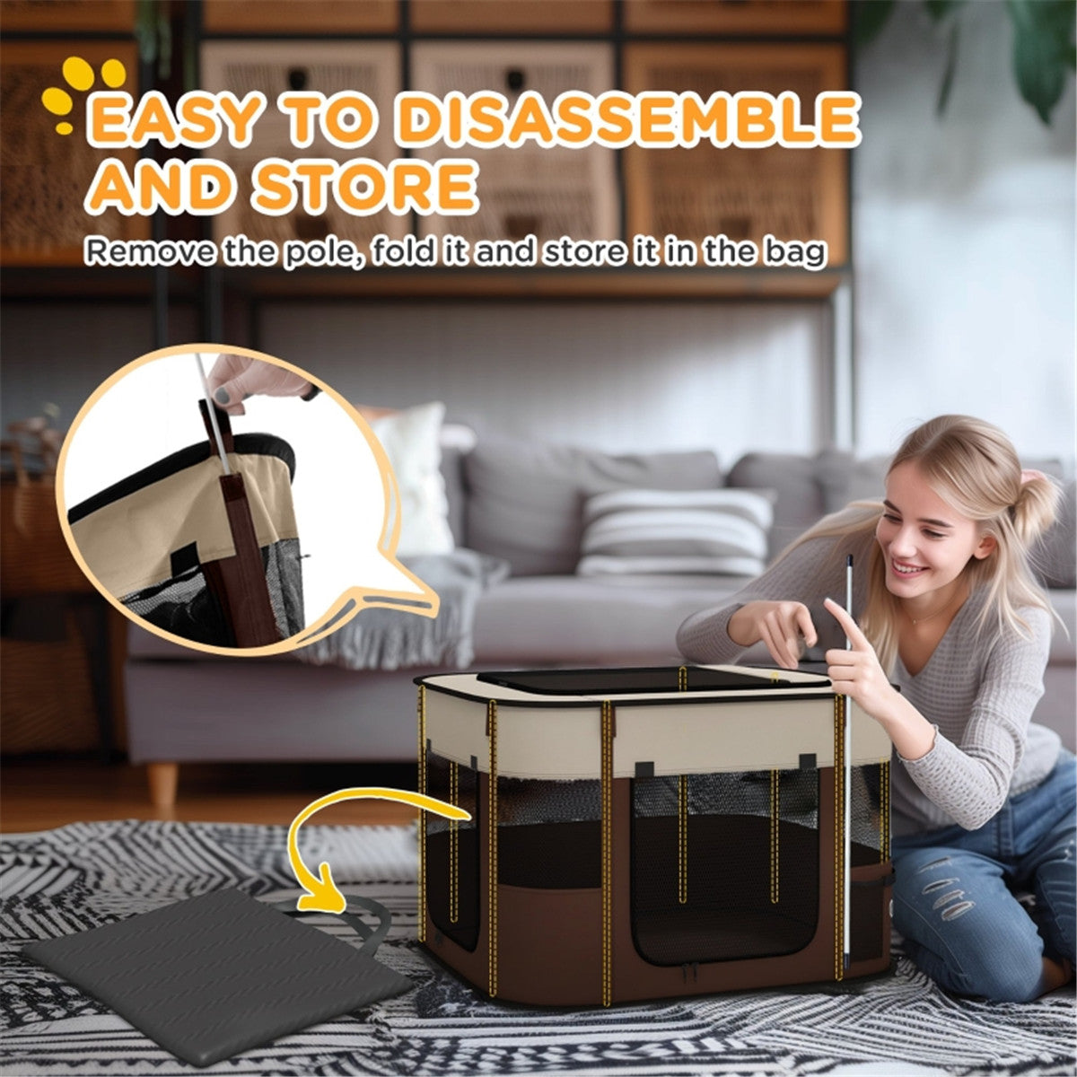 Foldable Pet Playpen with Mesh Windows & Doors for Small Animals – Indoor and Outdoor Use, Brown and Cream