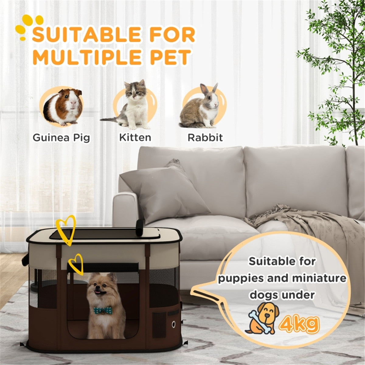 Foldable Pet Playpen with Mesh Windows & Doors for Small Animals – Indoor and Outdoor Use, Brown and Cream