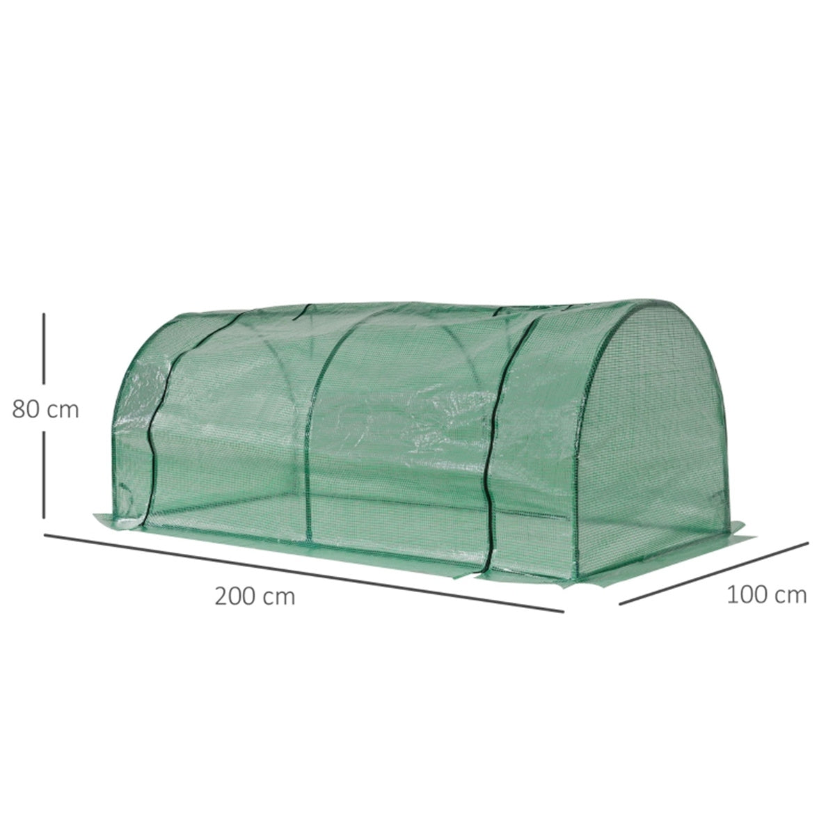 Tunnel Greenhouse with Steel Frame, PE Cover & Roll-Up Zipped Doors – Garden Grow House, 200 x 100 x 80cm, Green