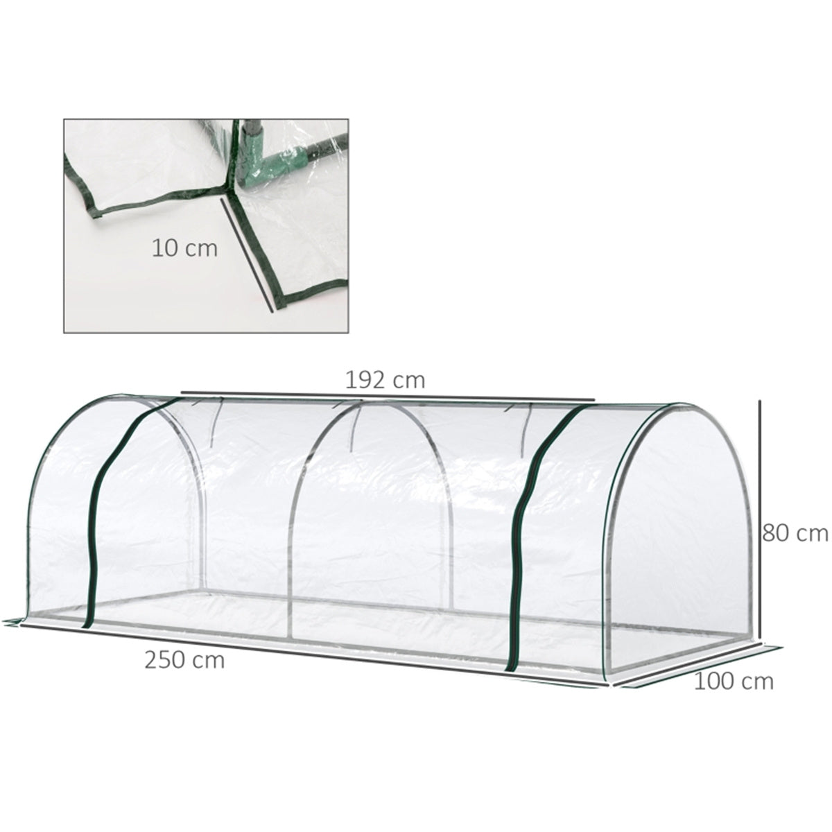 Mini Tunnel Greenhouse with Steel Frame, PVC Cover & Roll-Up Zipped Door – 250 x 100 x 80cm, Transparent