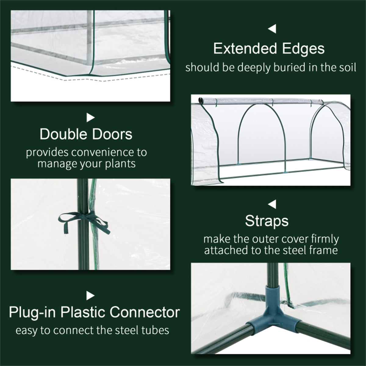 Mini Tunnel Greenhouse with Steel Frame, PVC Cover & Roll-Up Zipped Door – 250 x 100 x 80cm, Transparent