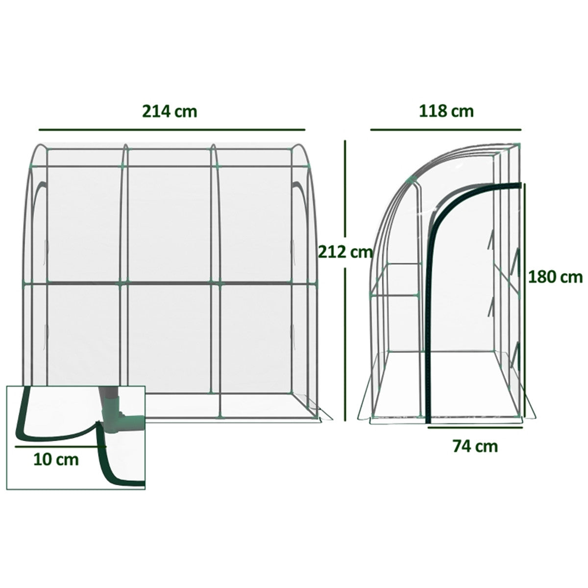 Walk-In Lean-to Wall Tunnel Greenhouse with Steel Frame & 2 Zipped Doors – 214 x 118 x 212cm, Clear & Green