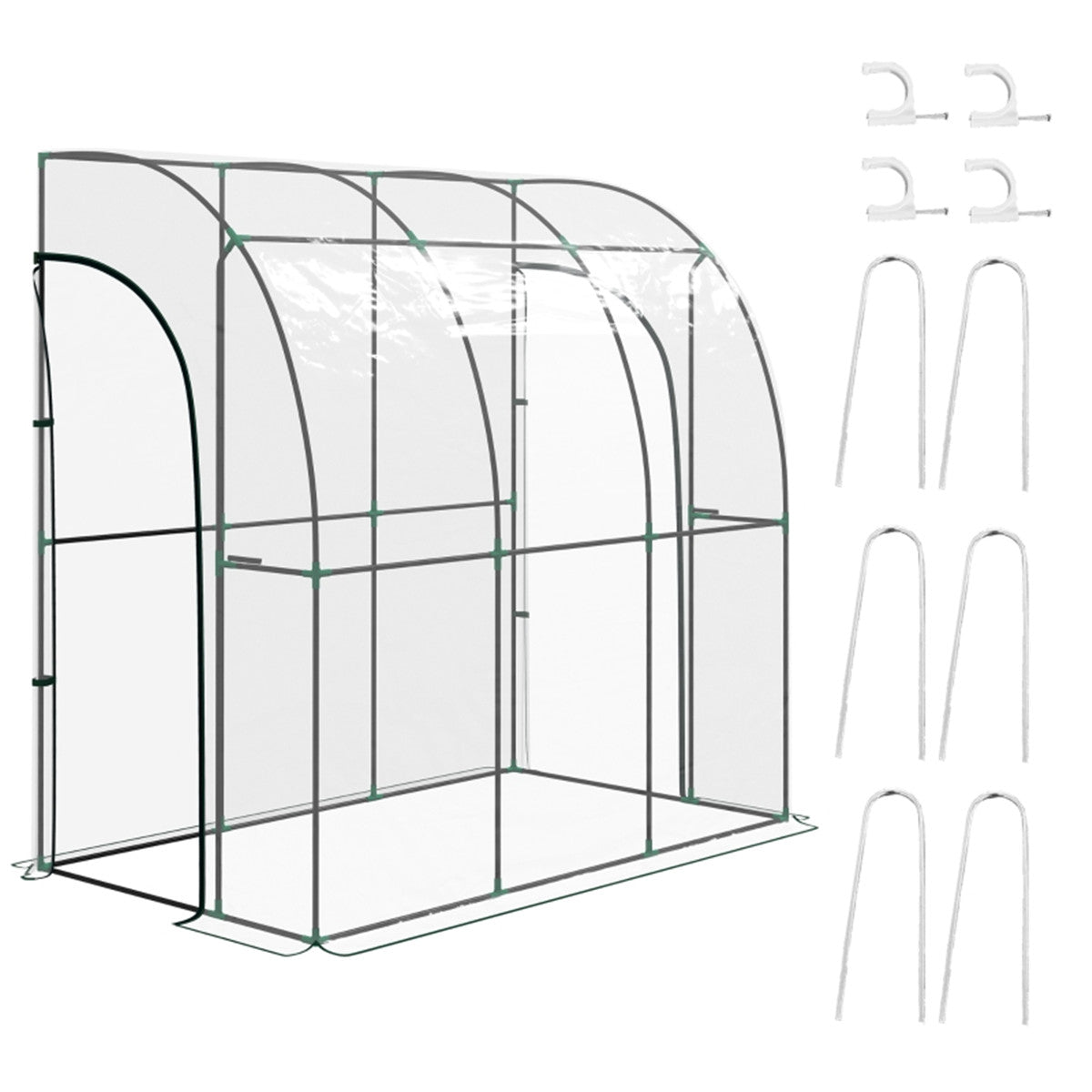 Walk-In Lean-to Wall Tunnel Greenhouse with Steel Frame & 2 Zipped Doors – 214 x 118 x 212cm, Clear & Green