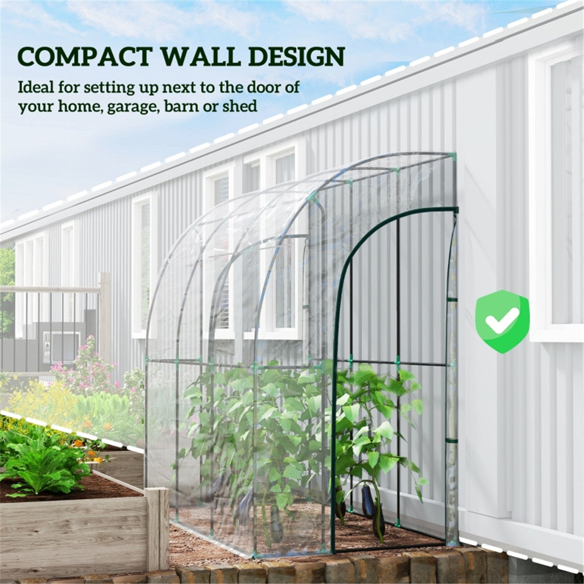 Walk-In Lean-to Wall Tunnel Greenhouse with Steel Frame & 2 Zipped Doors – 214 x 118 x 212cm, Clear & Green