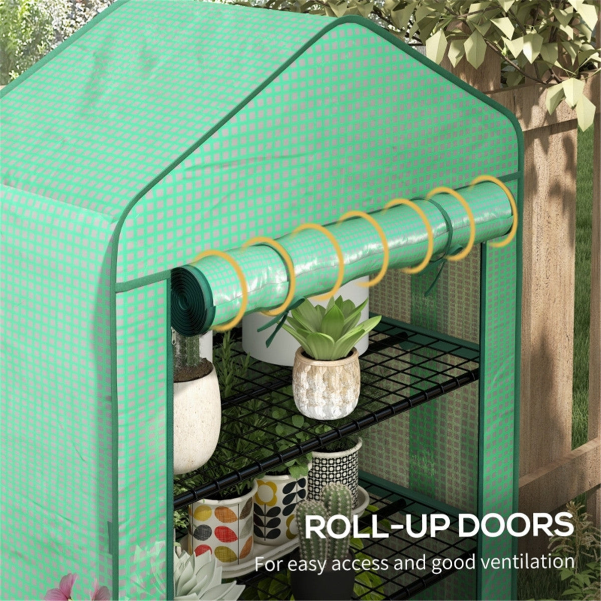 4-Tier Mini Greenhouse with Roll-up Door & Reinforced Cover – Steel Frame Plant Grow House, 90 x 49 x 160cm, Green