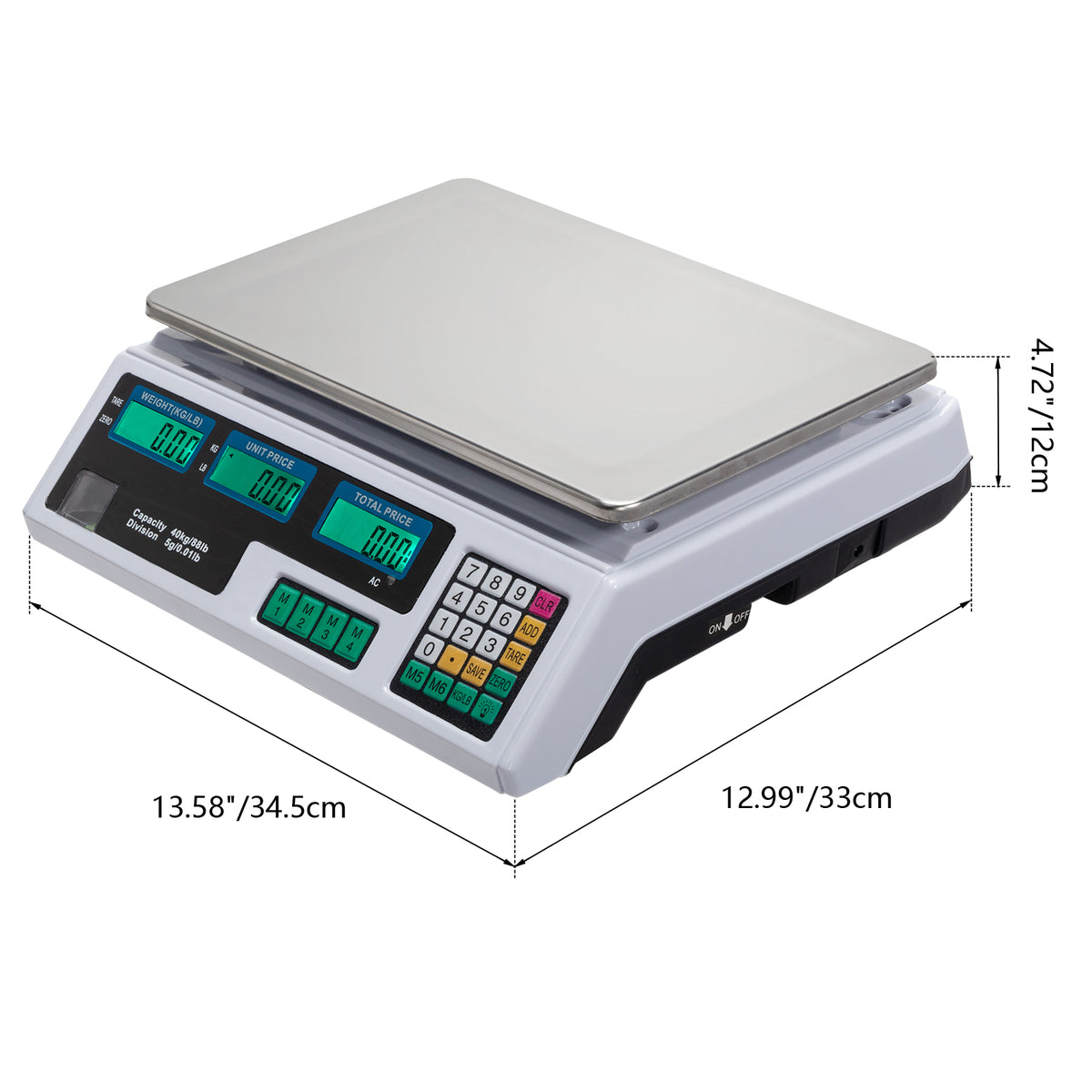 ACS-30 Digital Price Computing Scale, 40kg/5g with Backlit LCD – Retail Vegetable Scale, UK Plug, Silver