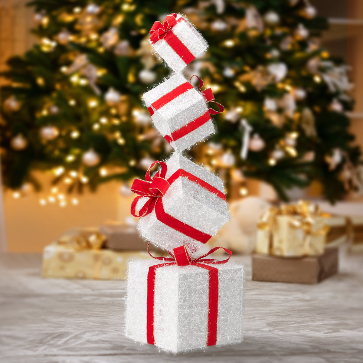3ft Lighted Christmas Gift Box Tower with 80 Warm White Lights – Indoor & Outdoor Festive Decoration