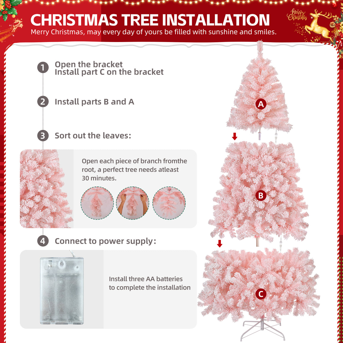 6 FT Artificial Christmas Tree with 100 Battery-Operated Warm White LED Lights, 750 Branch Tips & Metal Stand – Festive Decor, Pink