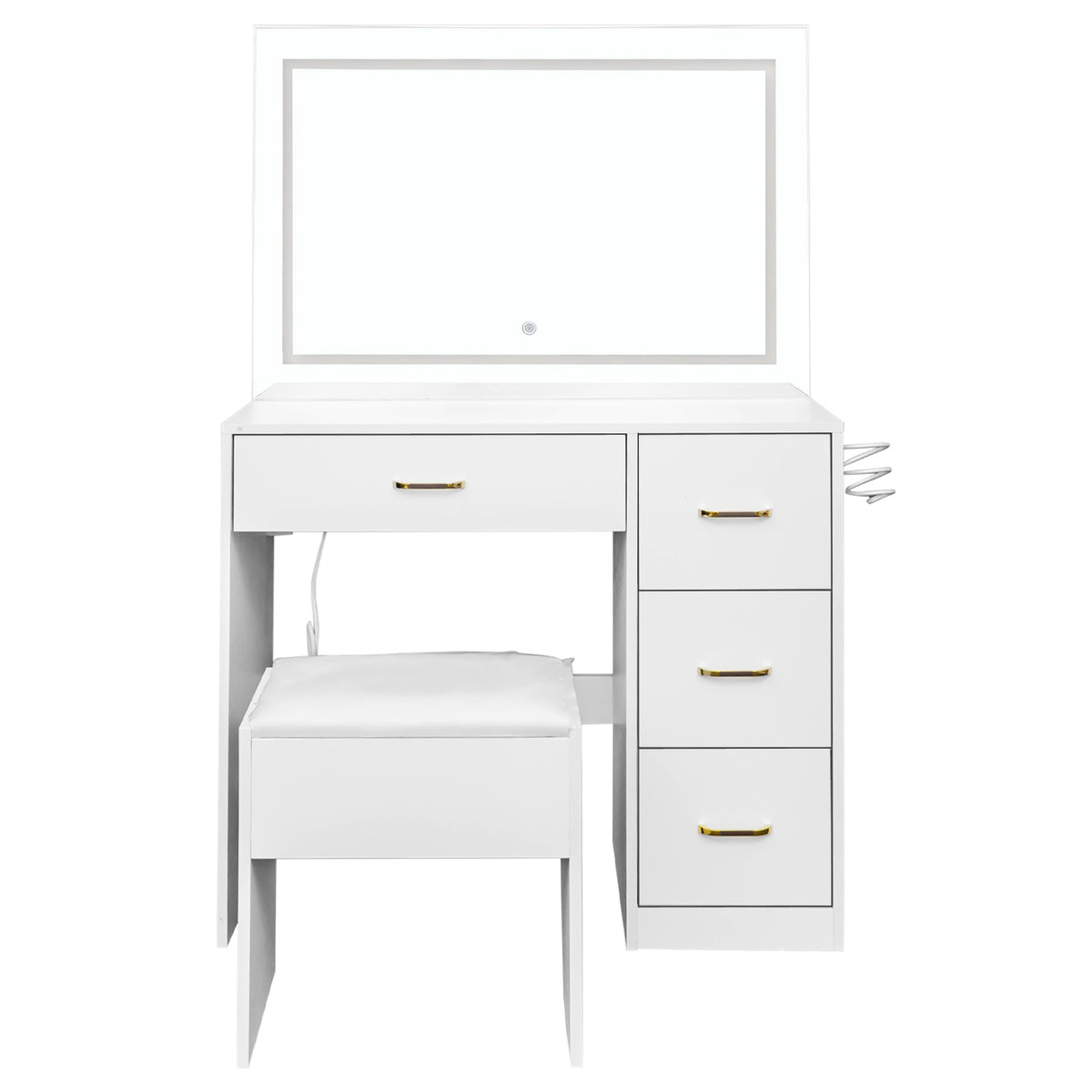 White Dressing Table Set with 4 Drawers, LED Touch Mirror, Sliding Storage Cabinets, Stool & Power Strip