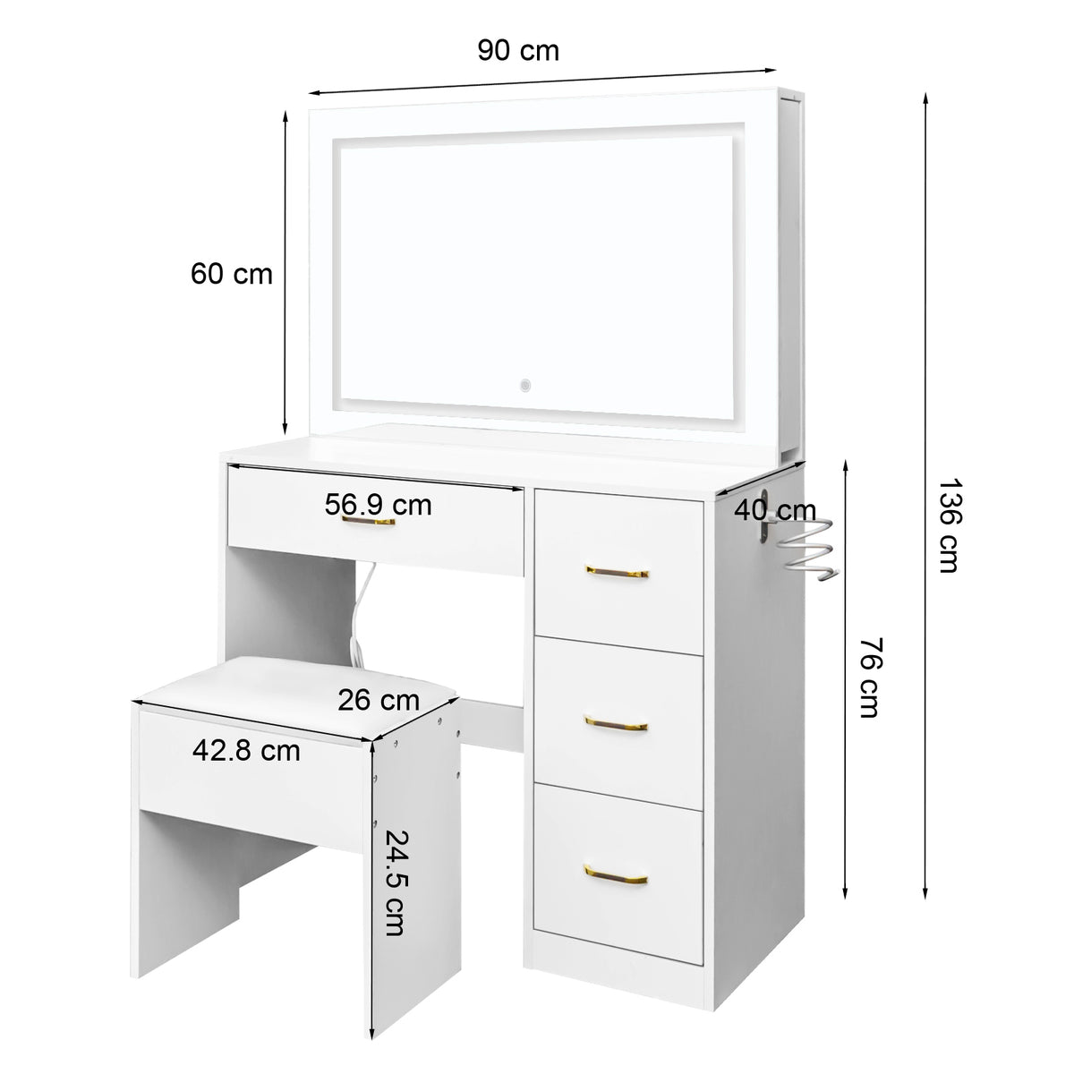 White Dressing Table Set with 4 Drawers, LED Touch Mirror, Sliding Storage Cabinets, Stool & Power Strip