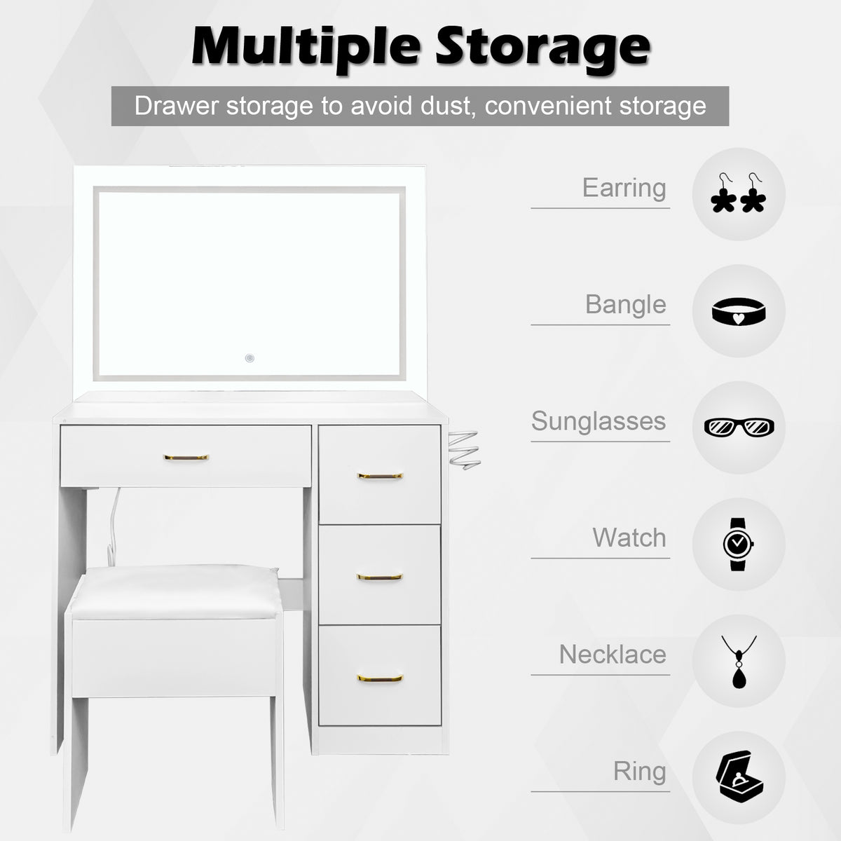White Dressing Table Set with 4 Drawers, LED Touch Mirror, Sliding Storage Cabinets, Stool & Power Strip