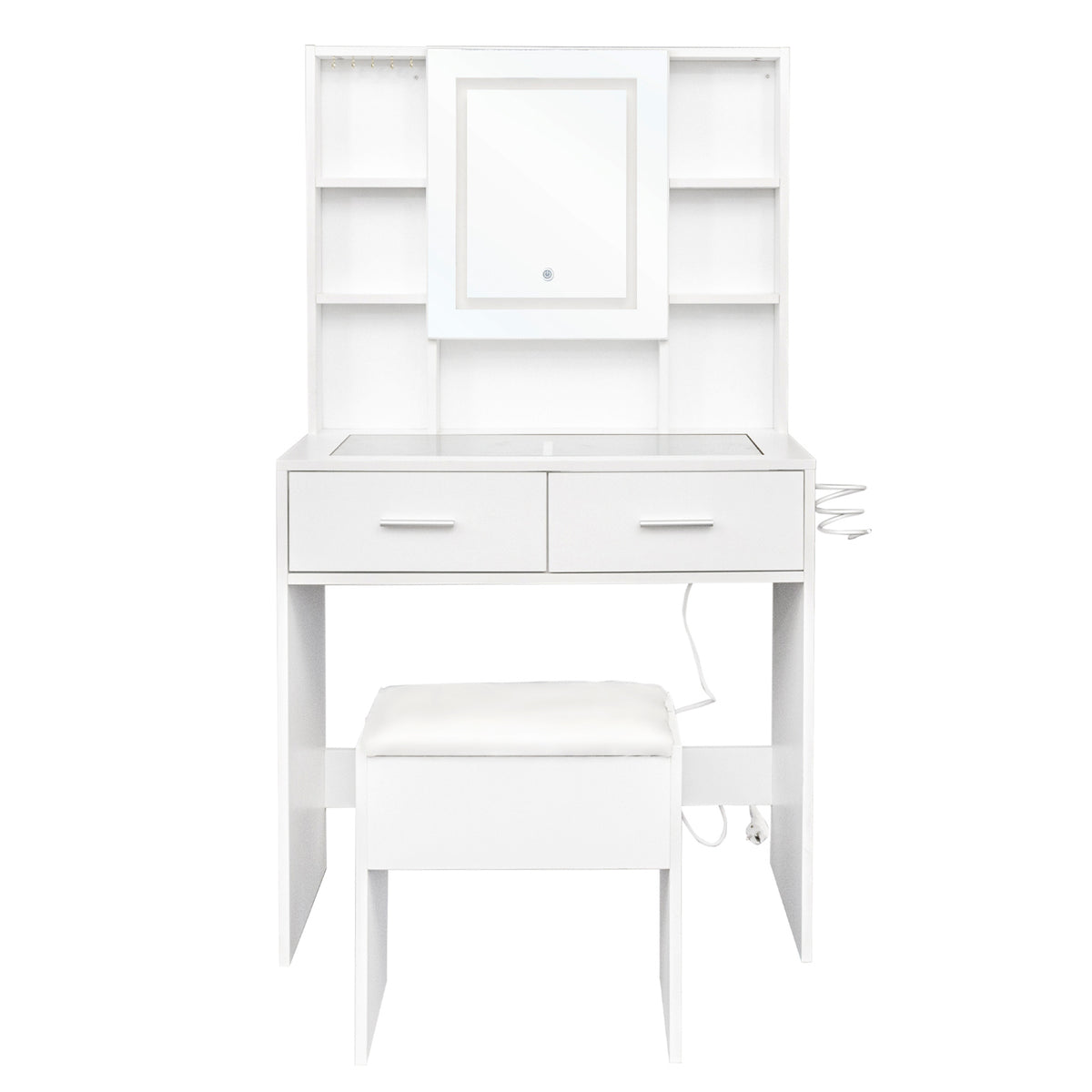 White Dressing Table Set with LED Touch Mirror, Power Strip, Glass Top & Stool – Bedroom Vanity Station