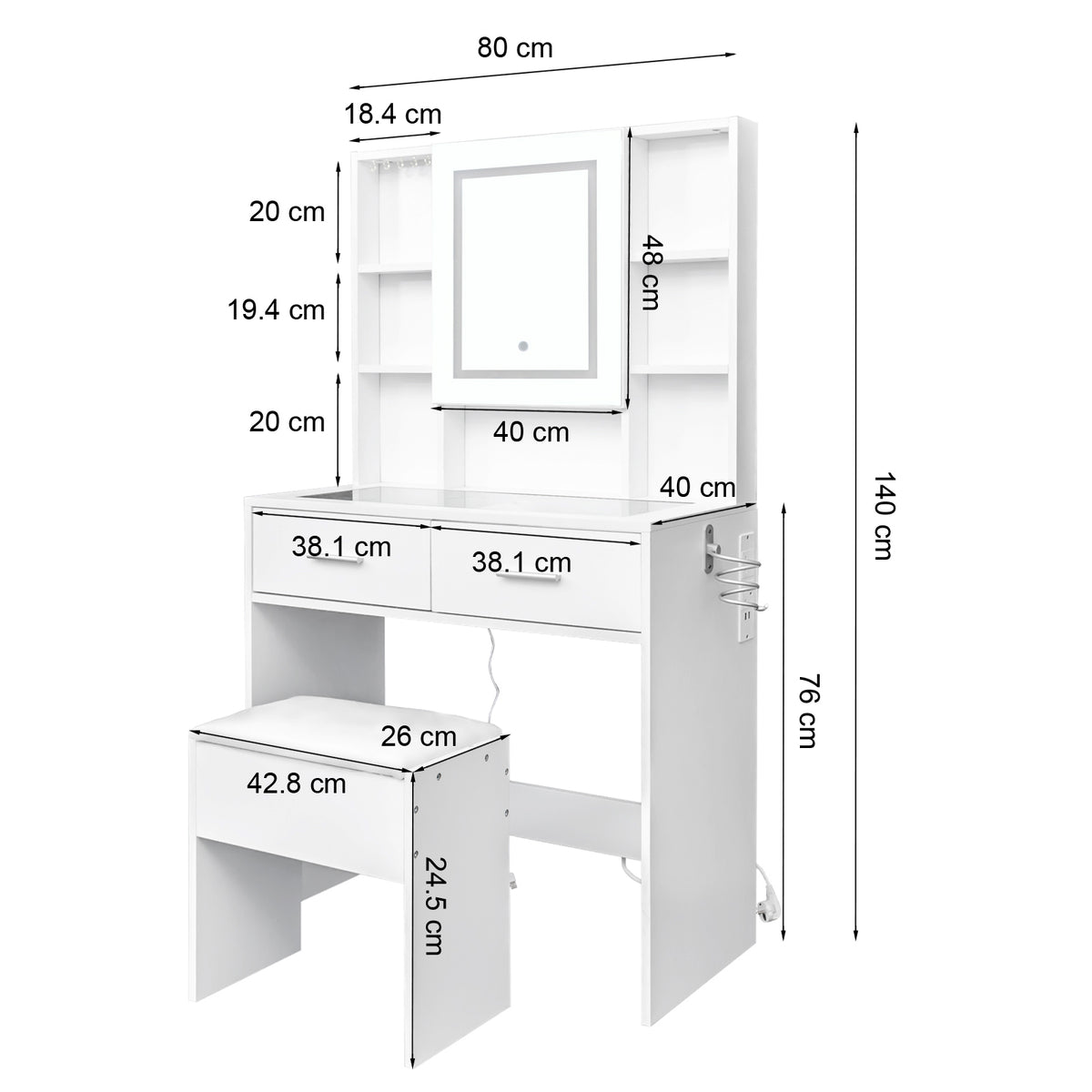 White Dressing Table Set with LED Touch Mirror, Power Strip, Glass Top & Stool – Bedroom Vanity Station