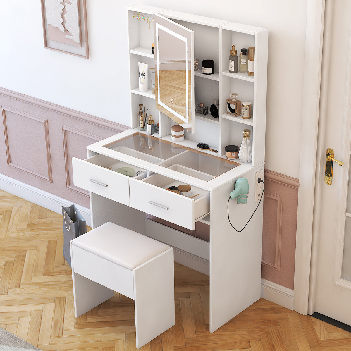 White Dressing Table Set with LED Touch Mirror, Power Strip, Glass Top & Stool – Bedroom Vanity Station