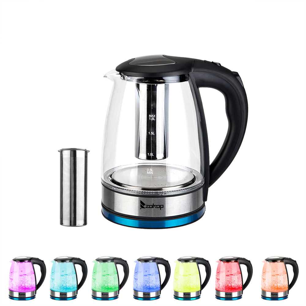 ZOKOP 1.8L Electric Glass Kettle, 2000W with 7-Colour LED Light & Auto Shut-Off – UK Plug