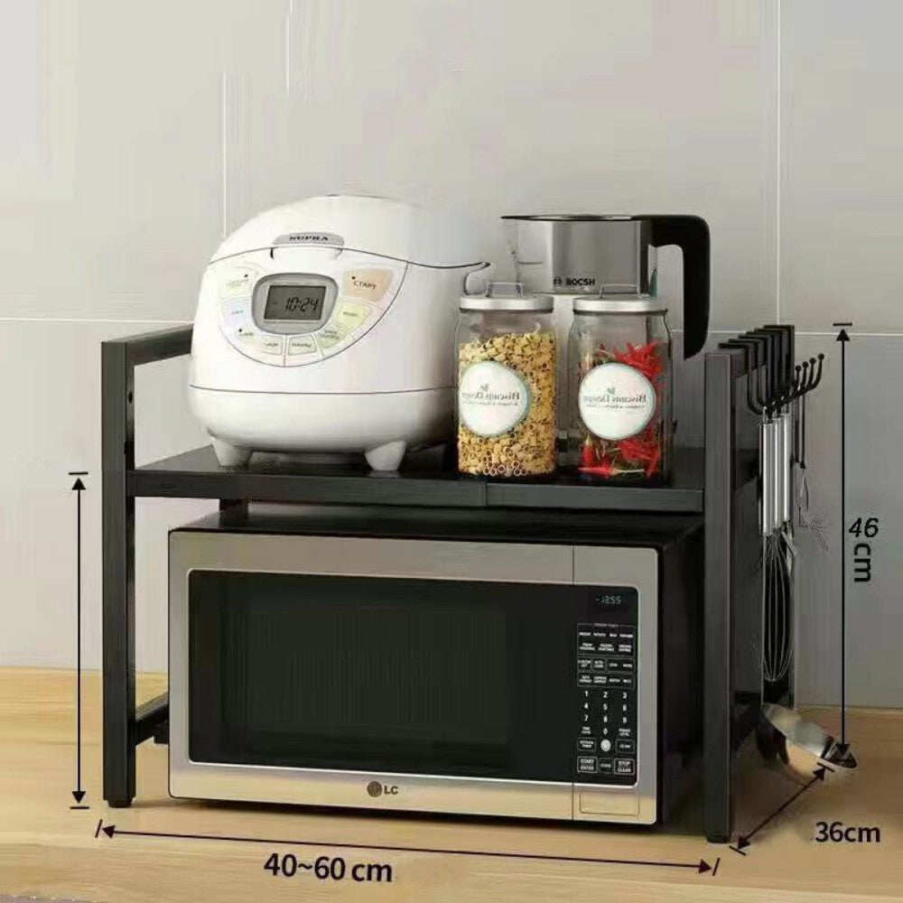 Extendable Microwave Oven Rack with 6 Hooks, 40–60cm – Black Carbon Steel Kitchen Storage Shelf