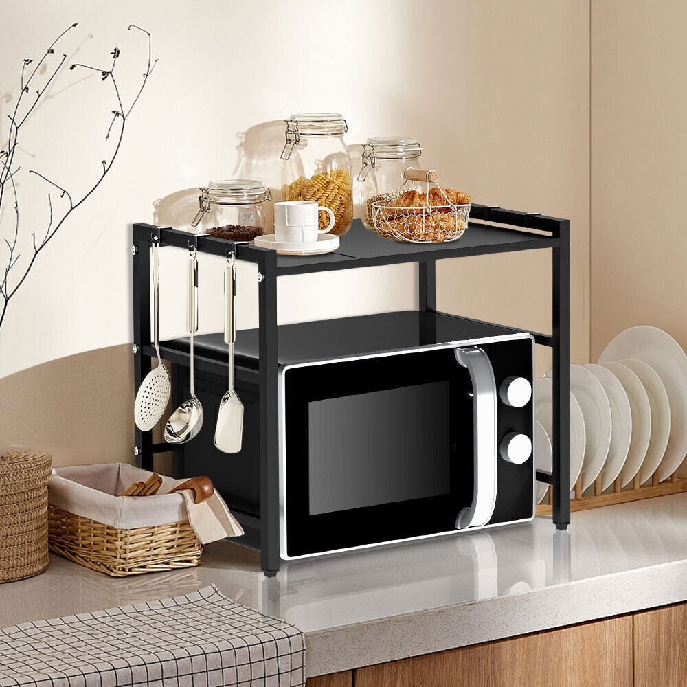 Extendable Microwave Oven Rack with 6 Hooks, 40–60cm – Black Carbon Steel Kitchen Storage Shelf