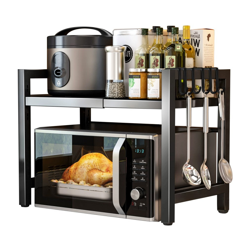Extendable Microwave Oven Rack with 6 Hooks, 40–60cm – Black Carbon Steel Kitchen Storage Shelf