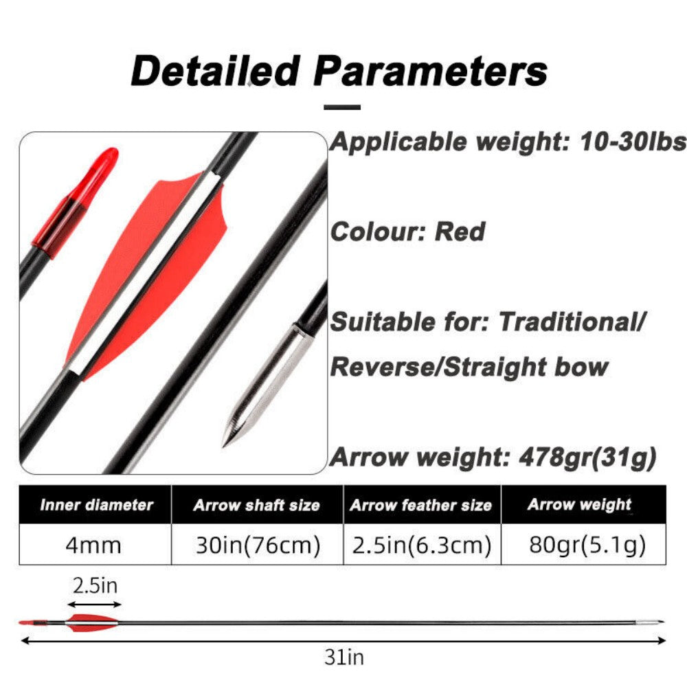 Fibreglass Archery Arrows, Pack of 30, 79cm – Target Practice Arrows for Compound & Recurve Bows, Red