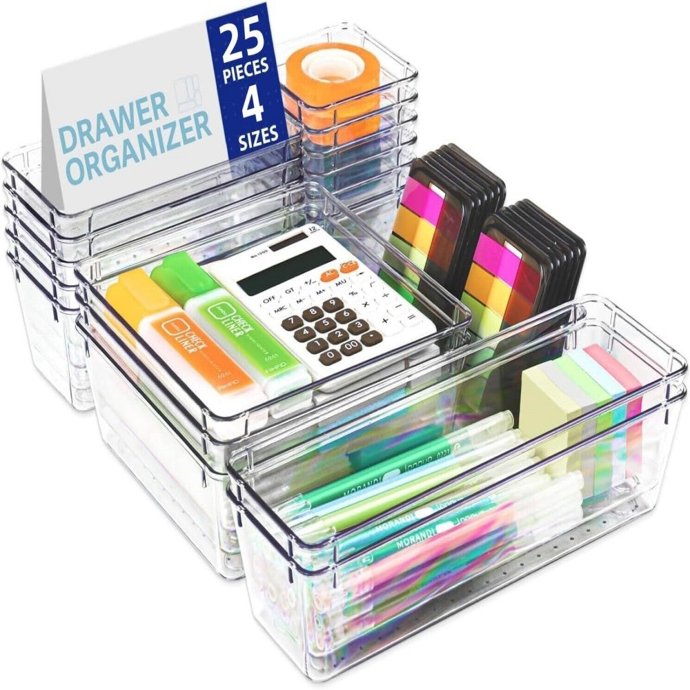 25-Piece Plastic Drawer Organiser Set in 5 Sizes – Desk, Kitchen, Fridge & Makeup Storage Dividers, Clear