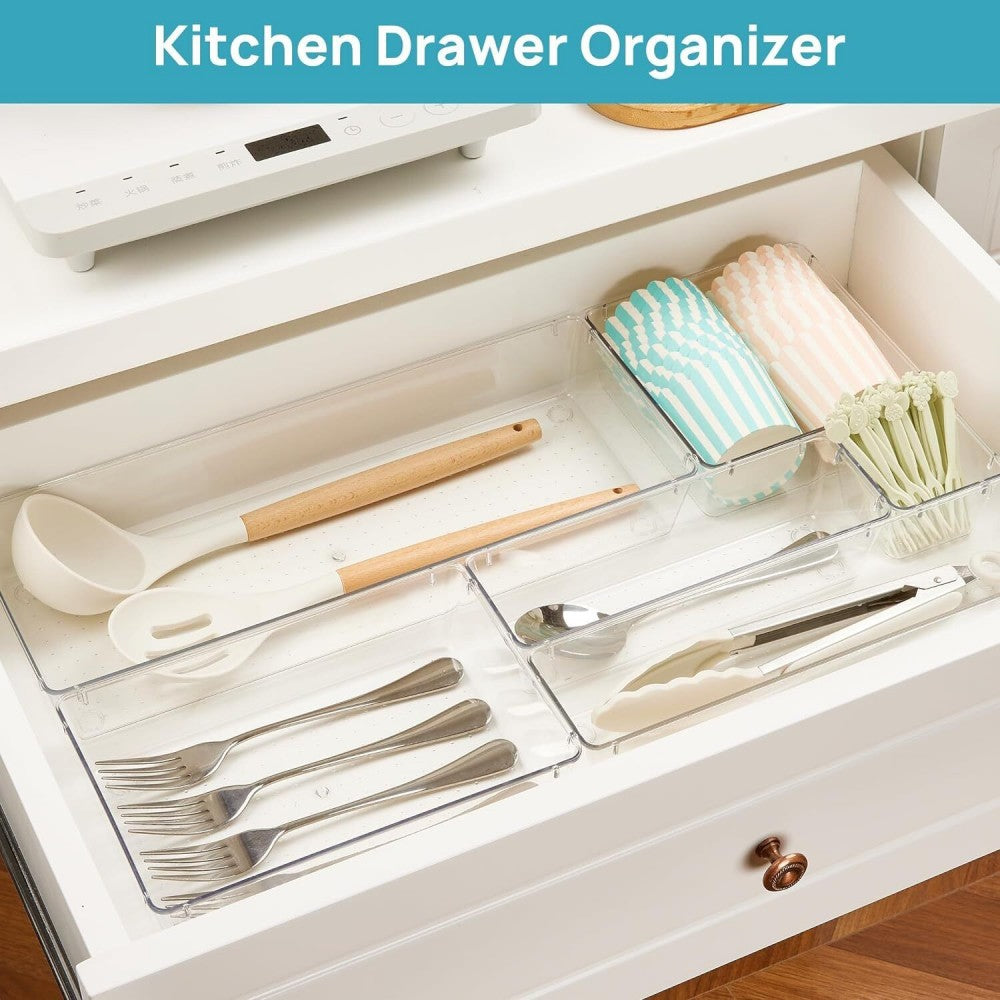 25-Piece Plastic Drawer Organiser Set in 5 Sizes – Desk, Kitchen, Fridge & Makeup Storage Dividers, Clear