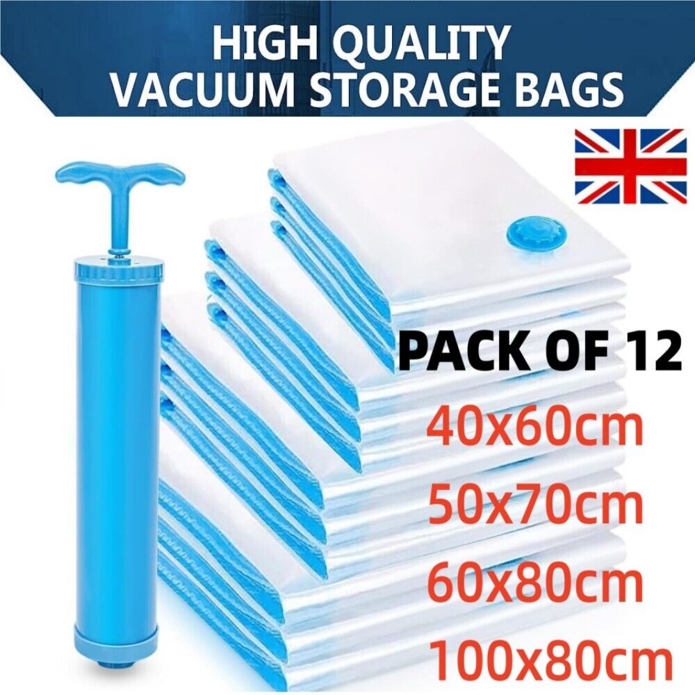 12-Pack Strong Vacuum Storage Bags with Manual Air Pump – Space-Saving Organiser for Bedding & Clothes