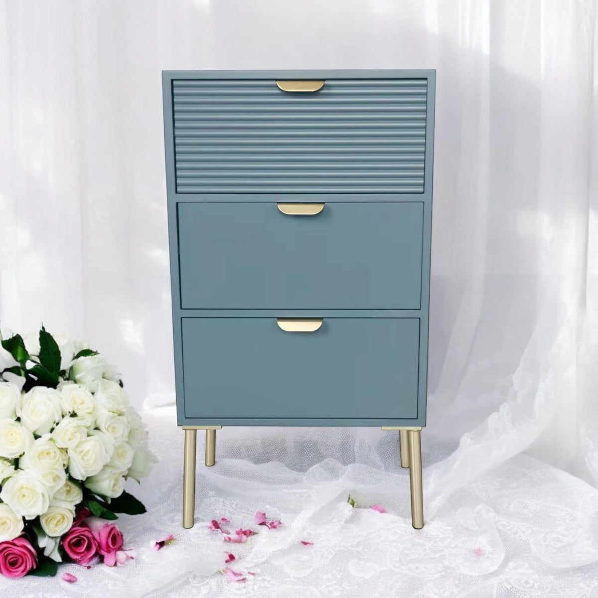 AcaciaHome Wooden 3 Drawer Chest with Solid Pine Top & Metal Handles – Compact Bedroom Storage, Blue