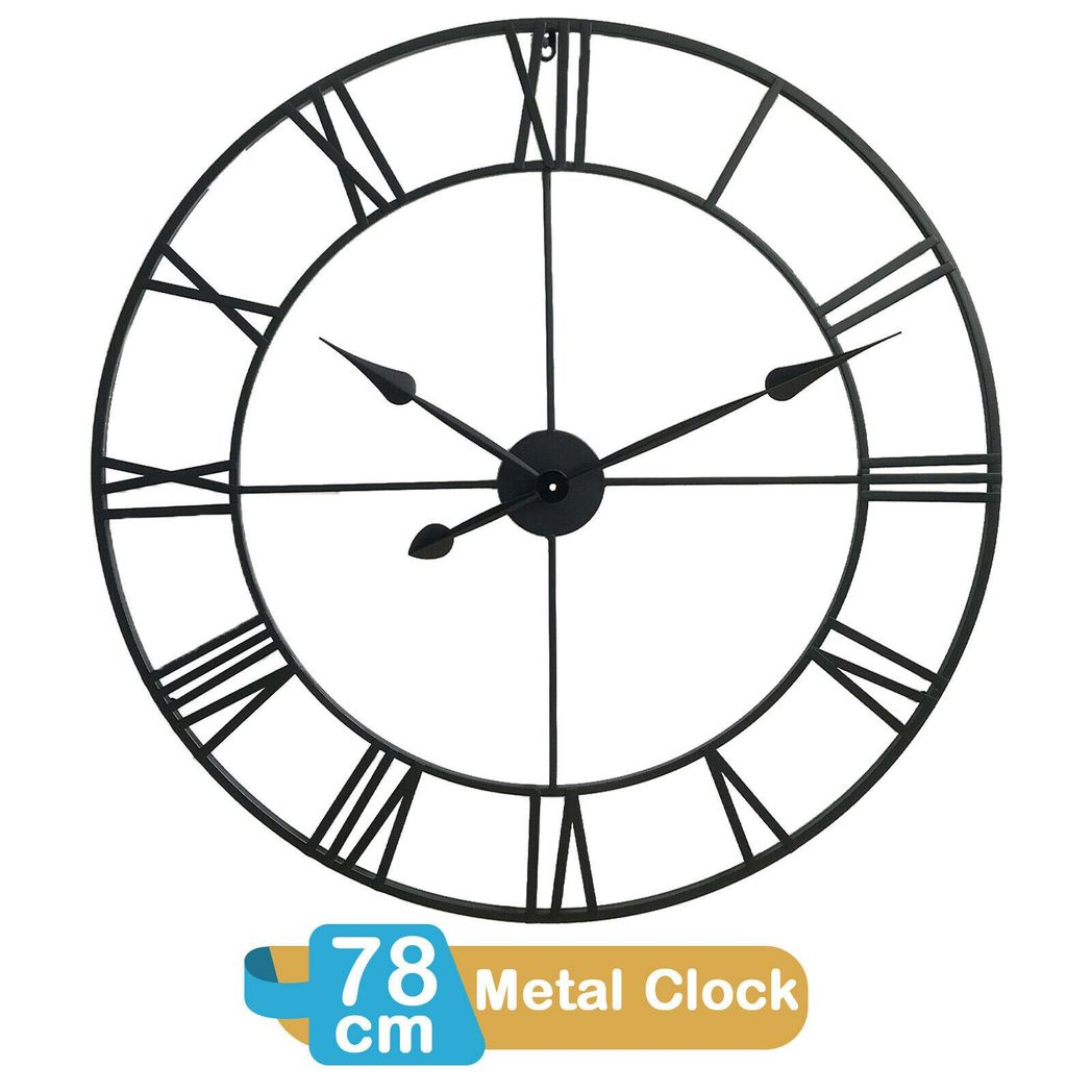 78cm Large Roman Numeral Metal Wall Clock – Oversized Open Design, Battery Operated