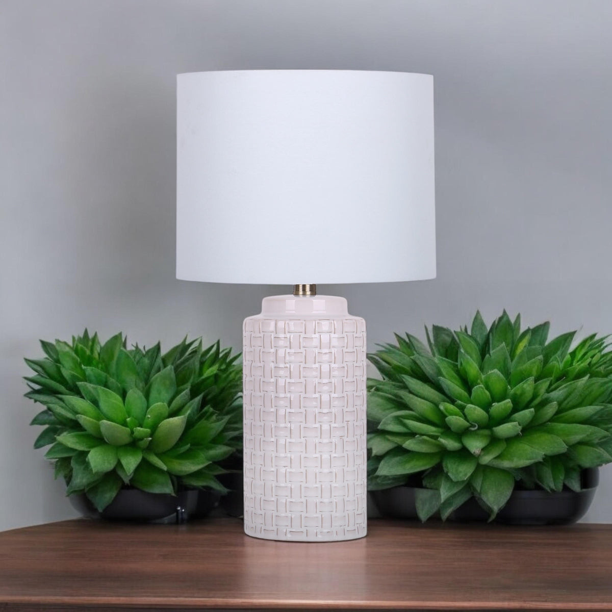 Cream Ceramic Striped Table Lamp with Handmade Drum Shade – Living Room & Bedroom Lighting