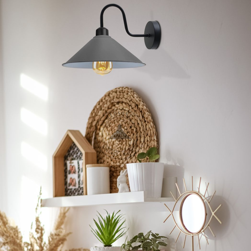 Vintage Swan Neck Wall Light with Cone Shade and E27 Socket – Dimmable Indoor Wall Sconce, Grey