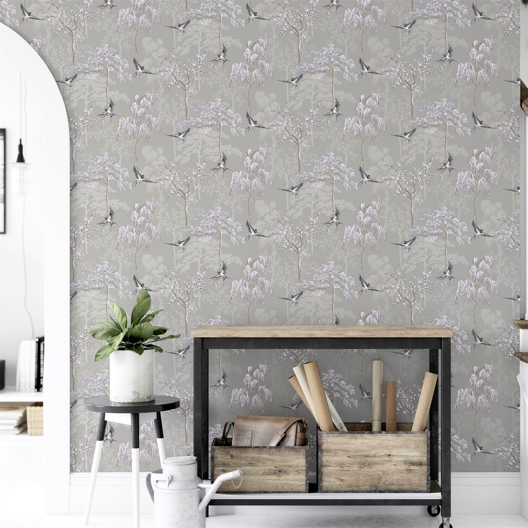 Arthouse Japanese Garden Wallpaper with Oriental Trees & Birds – Pearlescent Paste the Paper, Grey