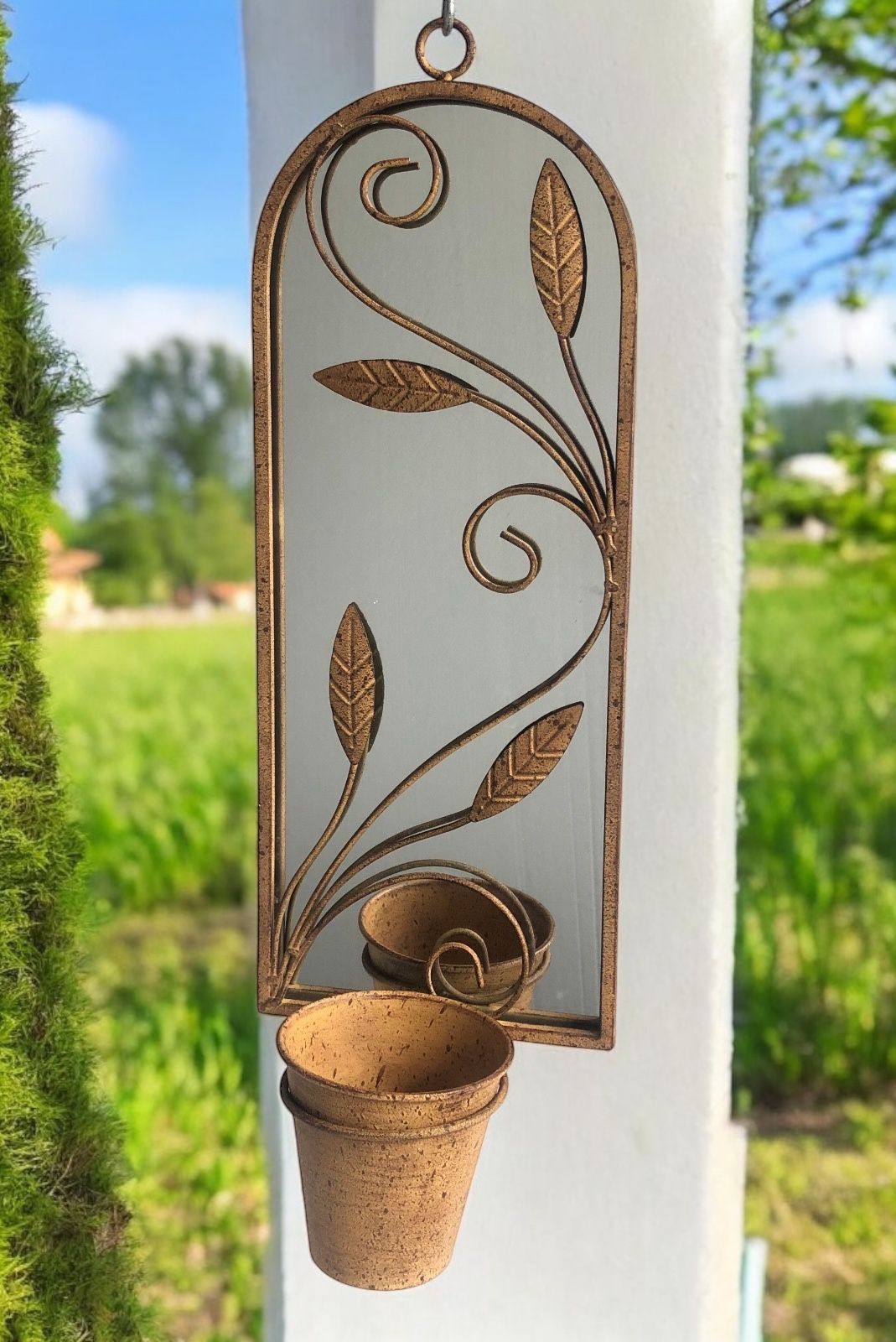 Rusty Arched 60cm Metal Garden Wall Mirror with Planter