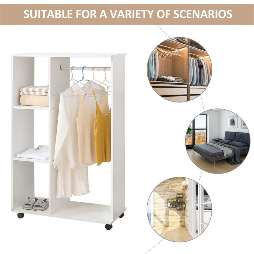 Rolling Open Wardrobe with Aluminium Hanging Rail & 3 Shelves – Mobile Bedroom Clothes Storage, White