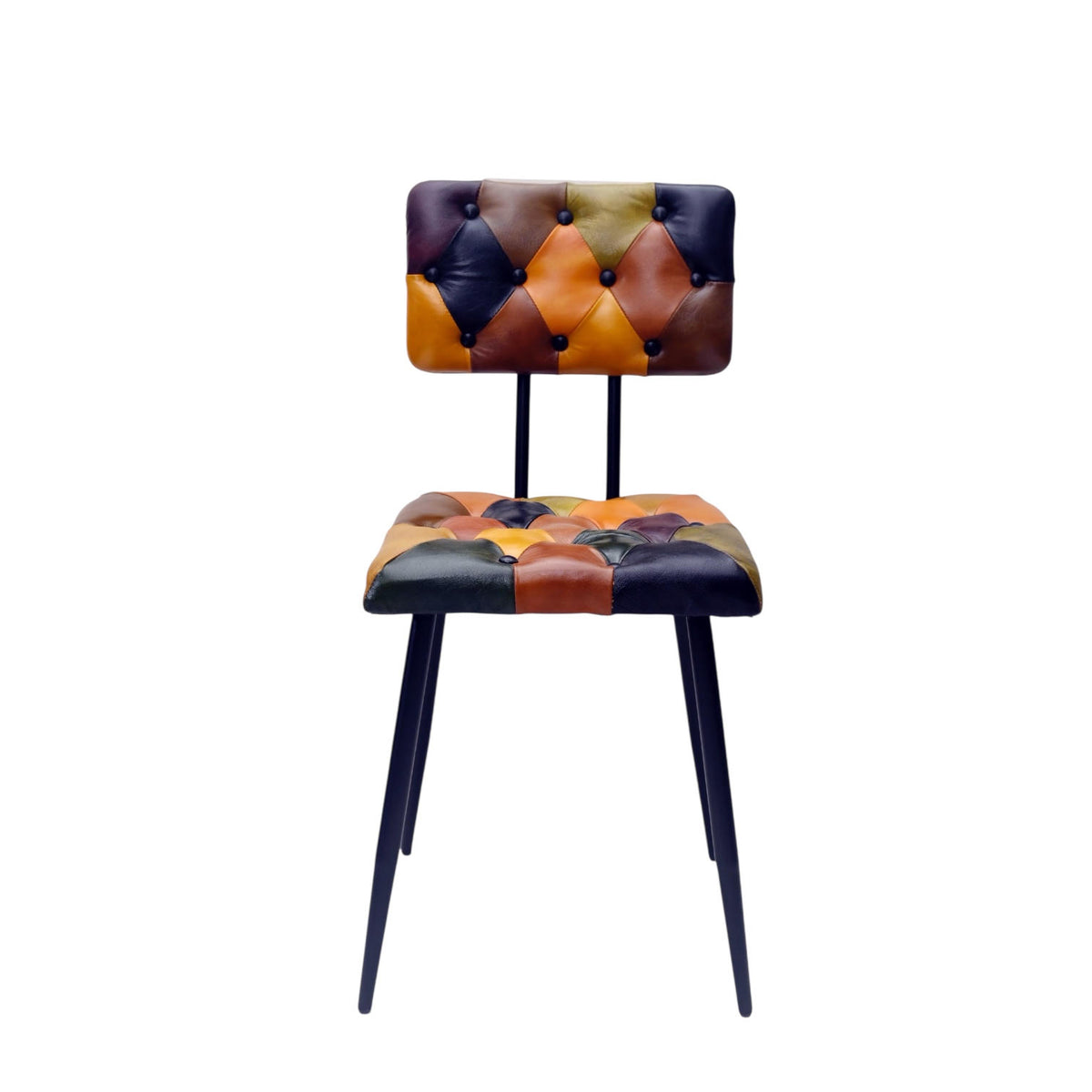 AcaciaHome Retro Patchwork Leather Dining Chair with Metal Legs – Mid-Century Style Accent Chair