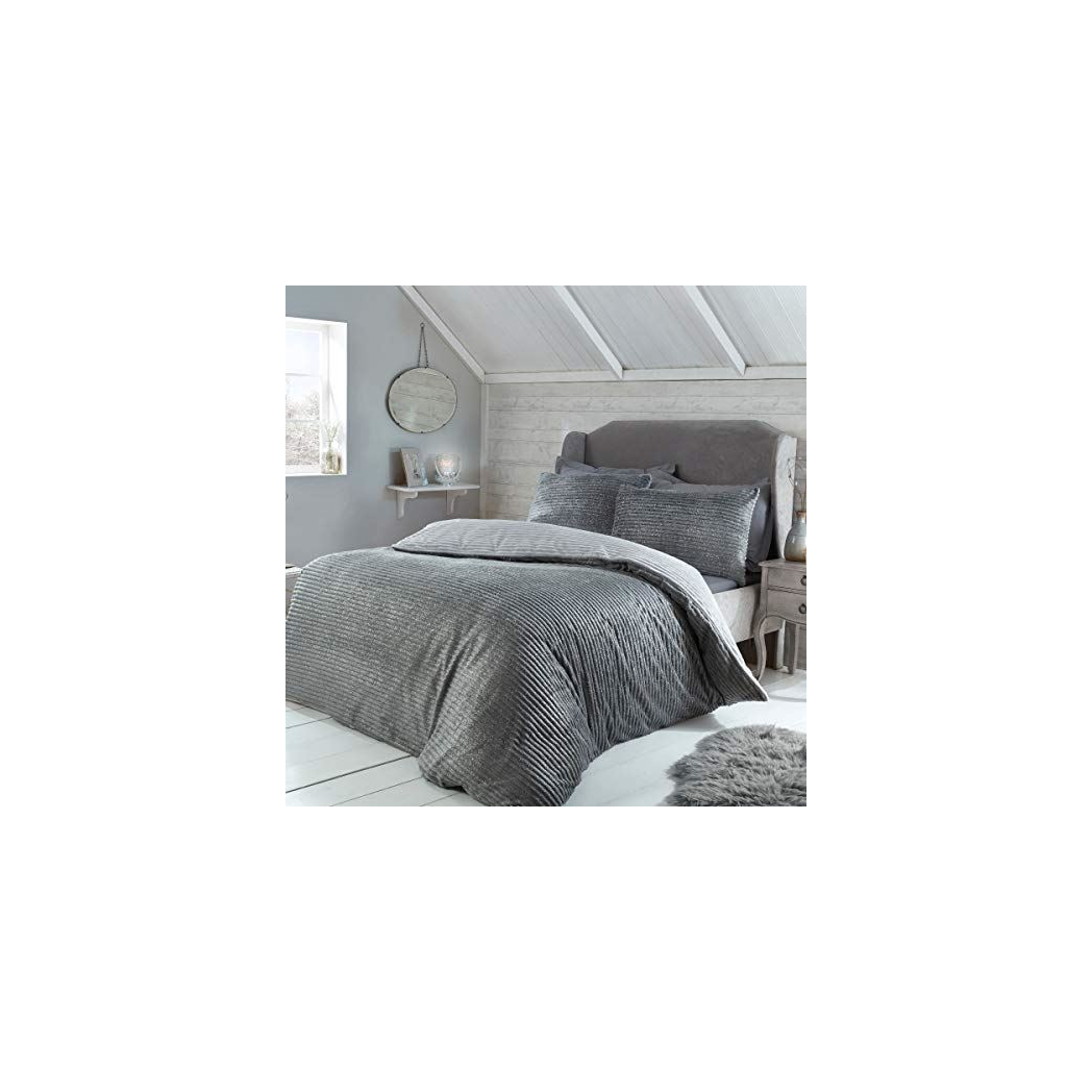 Sleepdown Ribbed Teddy Fleece Reversible Duvet Set with 2 Pillowcases – Cosy Winter Bedding, Grey