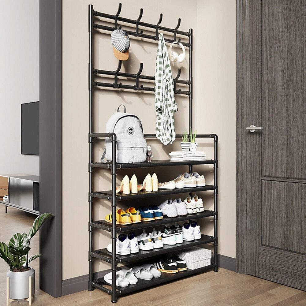 3-in-1 Metal Coat Stand with 8 Detachable Hooks & Shoe Shelves, 60 x 26 x 170cm, Black