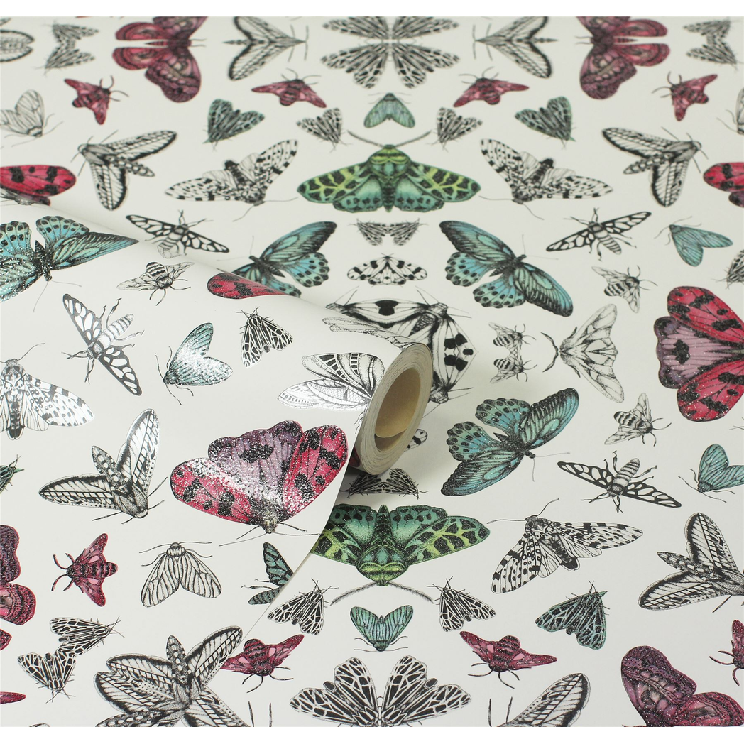 Arthouse Glitter Bug Wallpaper with Multi-Coloured Bugs & Butterflies – Playful Kaleidoscope Design, White