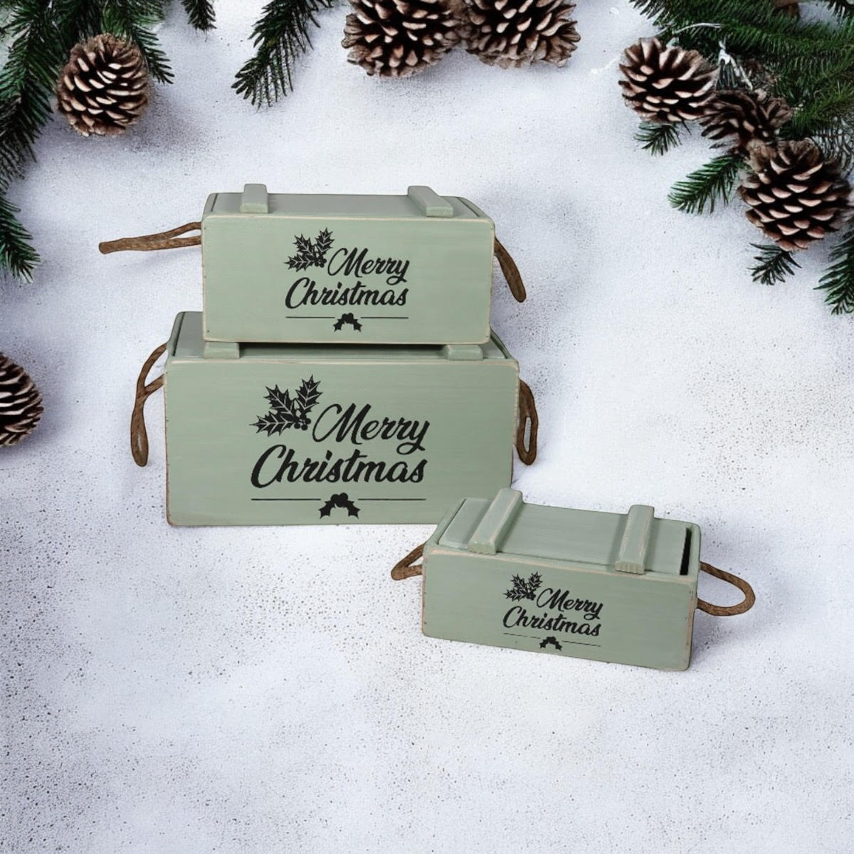 AcaciaHome Vintage Wooden Merry Christmas Storage Crate Set with Sturdy Handles – Festive Rustic Decor