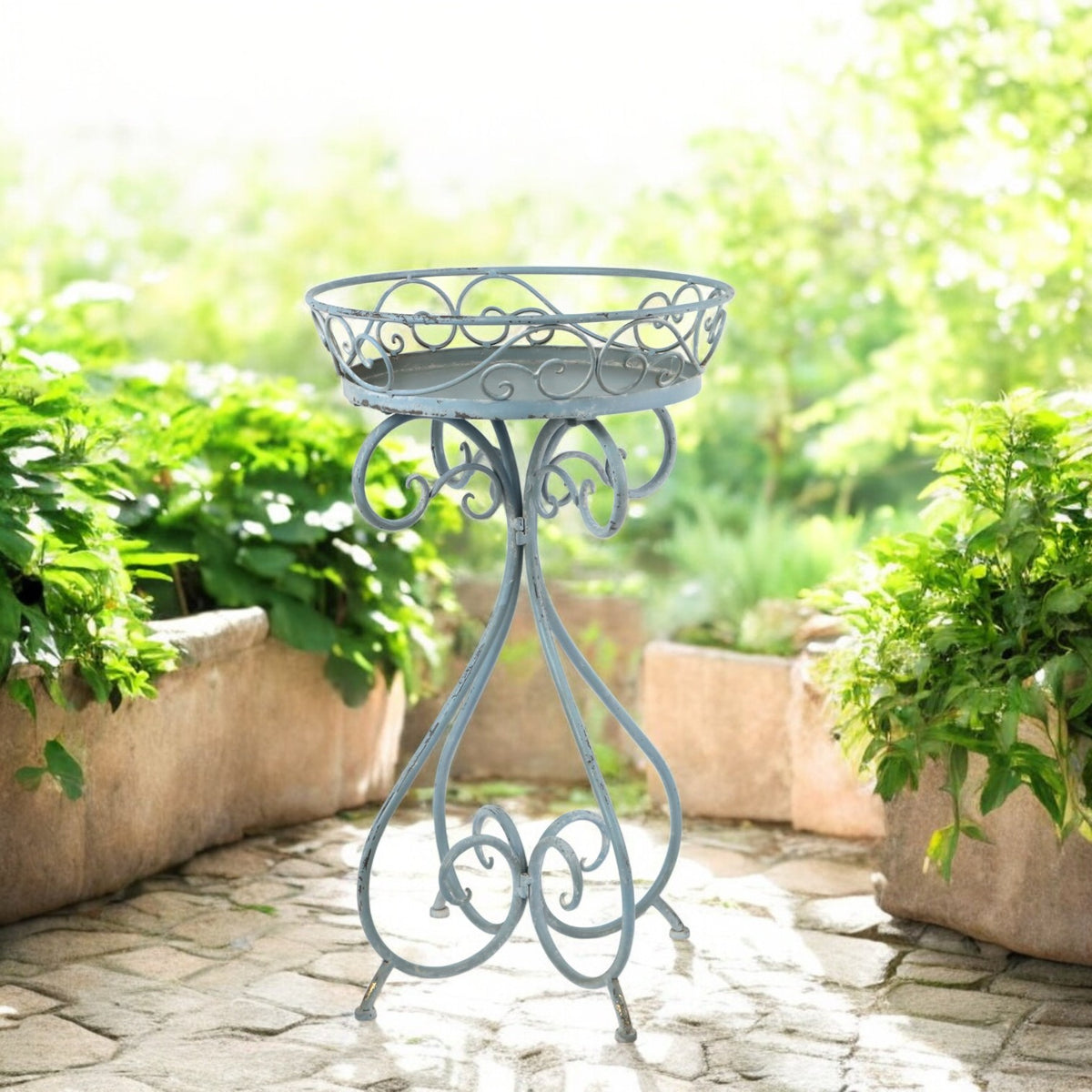 AcaciaHome 70cm Round Metal Plant Pot Holder Table Frame with Patina Finish – Indoor & Outdoor Garden Decor