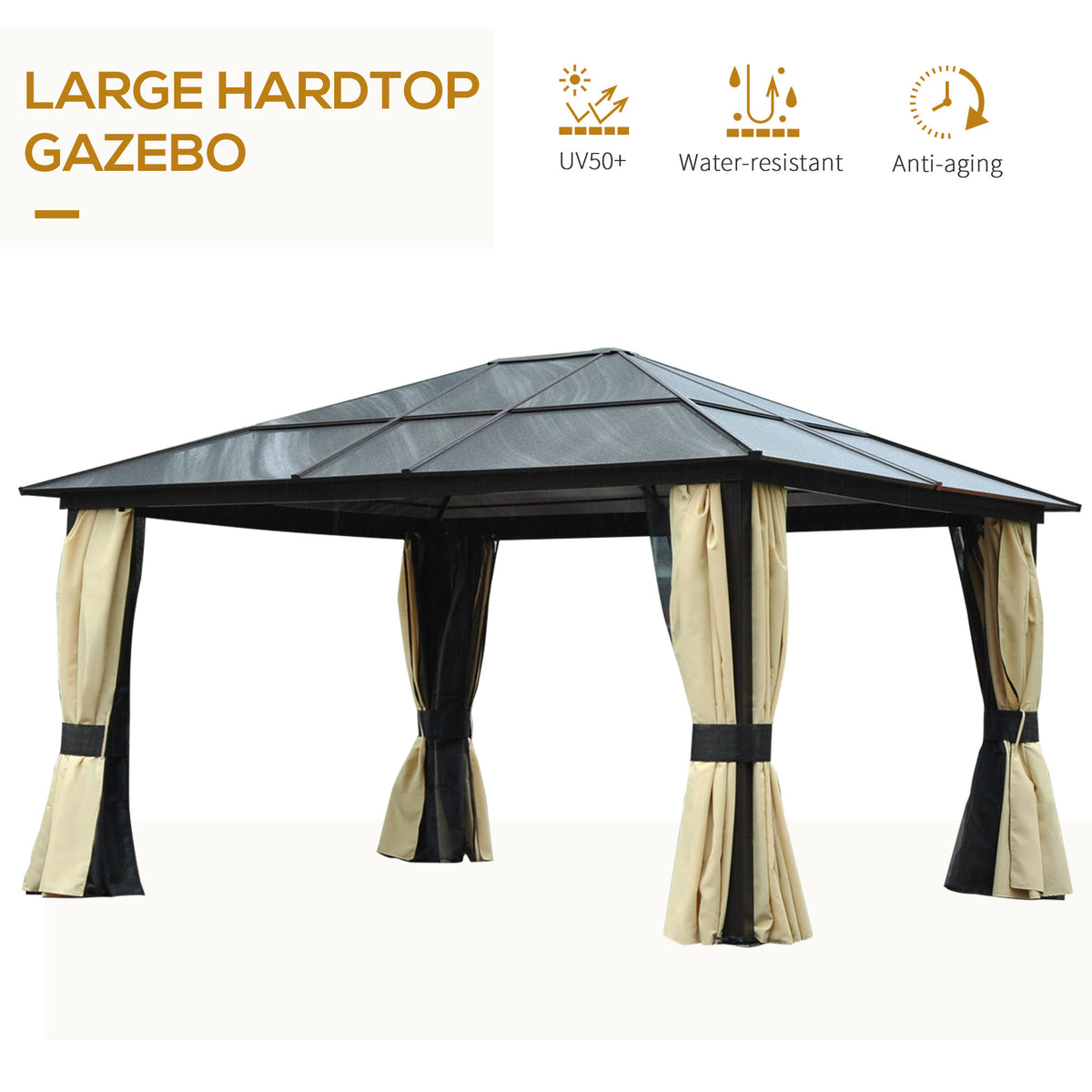 Outsunny 4.3 x 3.6m Aluminium Hardtop Gazebo with Polycarbonate Roof, Curtains & Netting – Brown